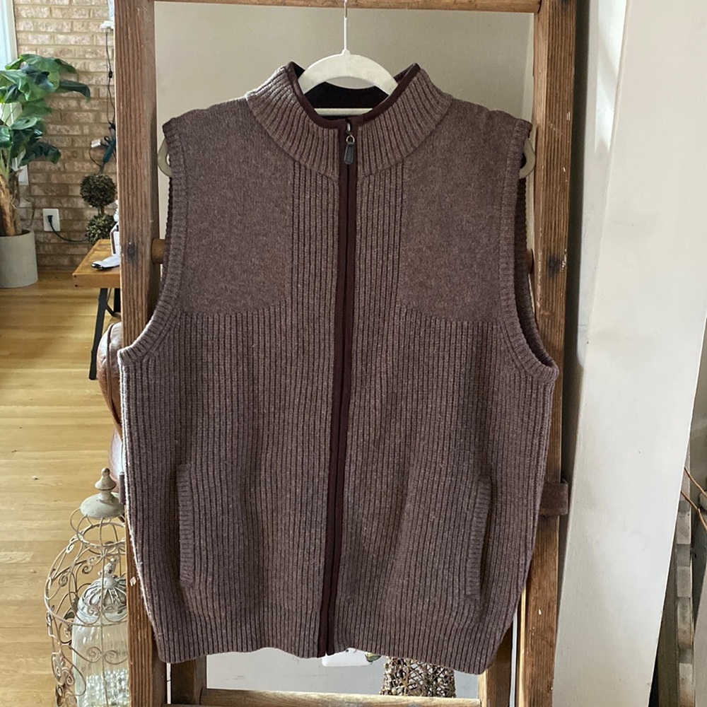 L.L. Bean Brown Cardigan with Ribbed Knit and Stand-Up Collar
